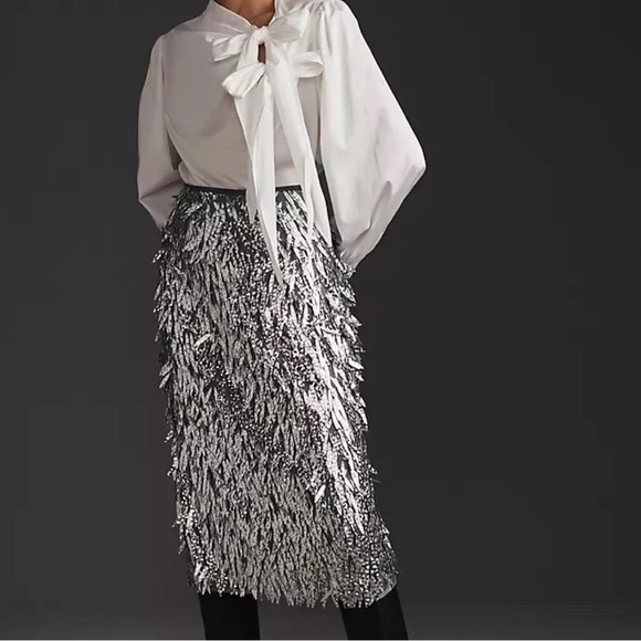 NWT ANTHROPOLOGIE OVAL FRINGE PAILLETTE SEQUIN PENCIL SKIRT OPTIC SILVER SMALL - Picture 1 of 9